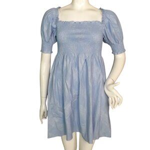 HILL HOUSE Mini Dress, S, Athena Nap, Powder Blue/Silver check, Smocking A-line